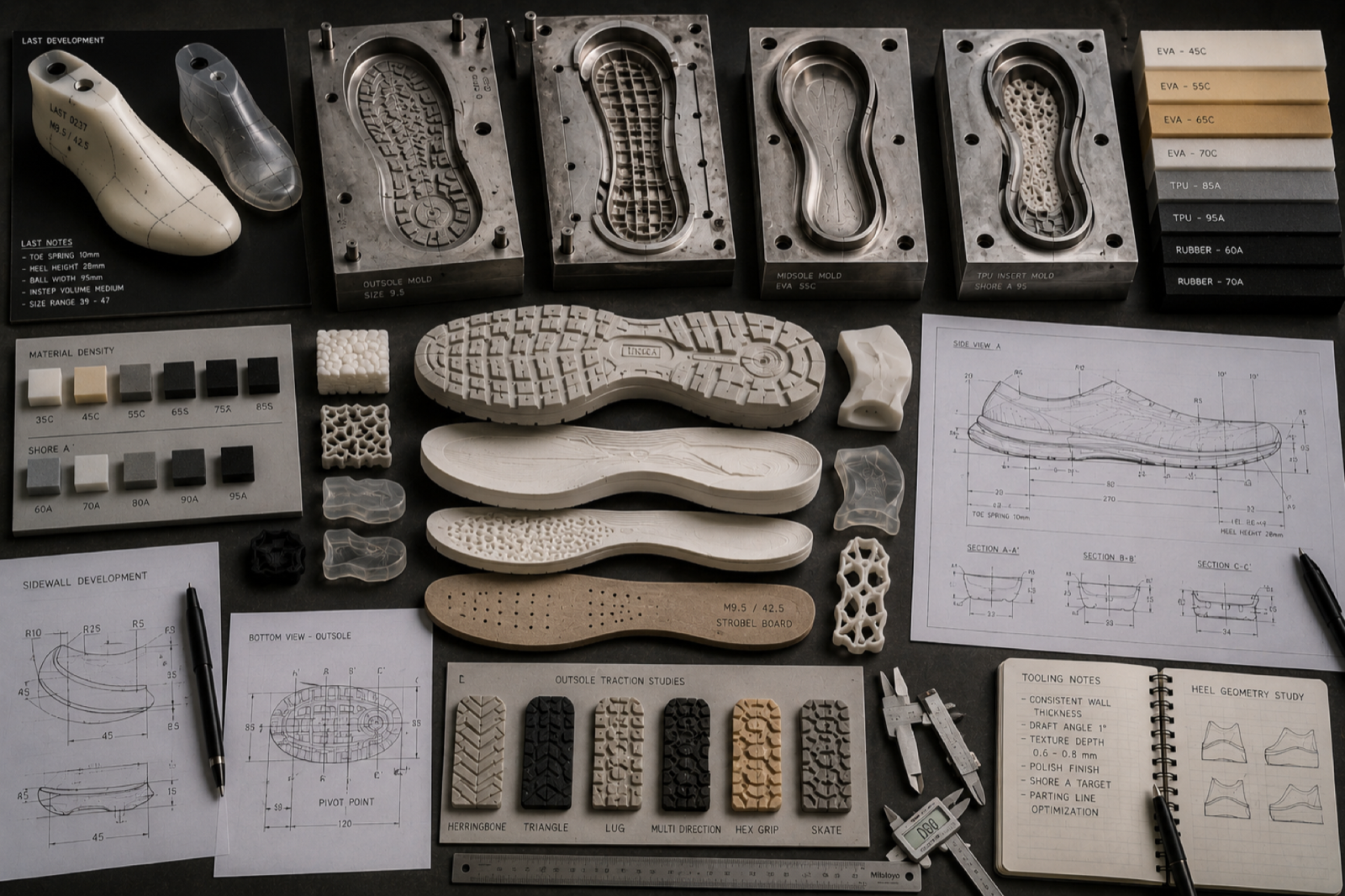 Technologies tooling, molds, outsole studies and material density boards